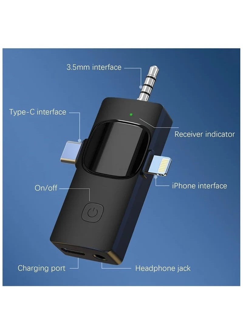 3-in-1 Wireless Lavalier Microphone for iPhone, iPad, iPhone 15 USB-C, Android, Computer, Camera – Dual Mini Clip-On Mics with Plug & Play, Intelligent Noise Reduction, Auto Sync, for Vlog, YouTube, TikTok, Live Streaming