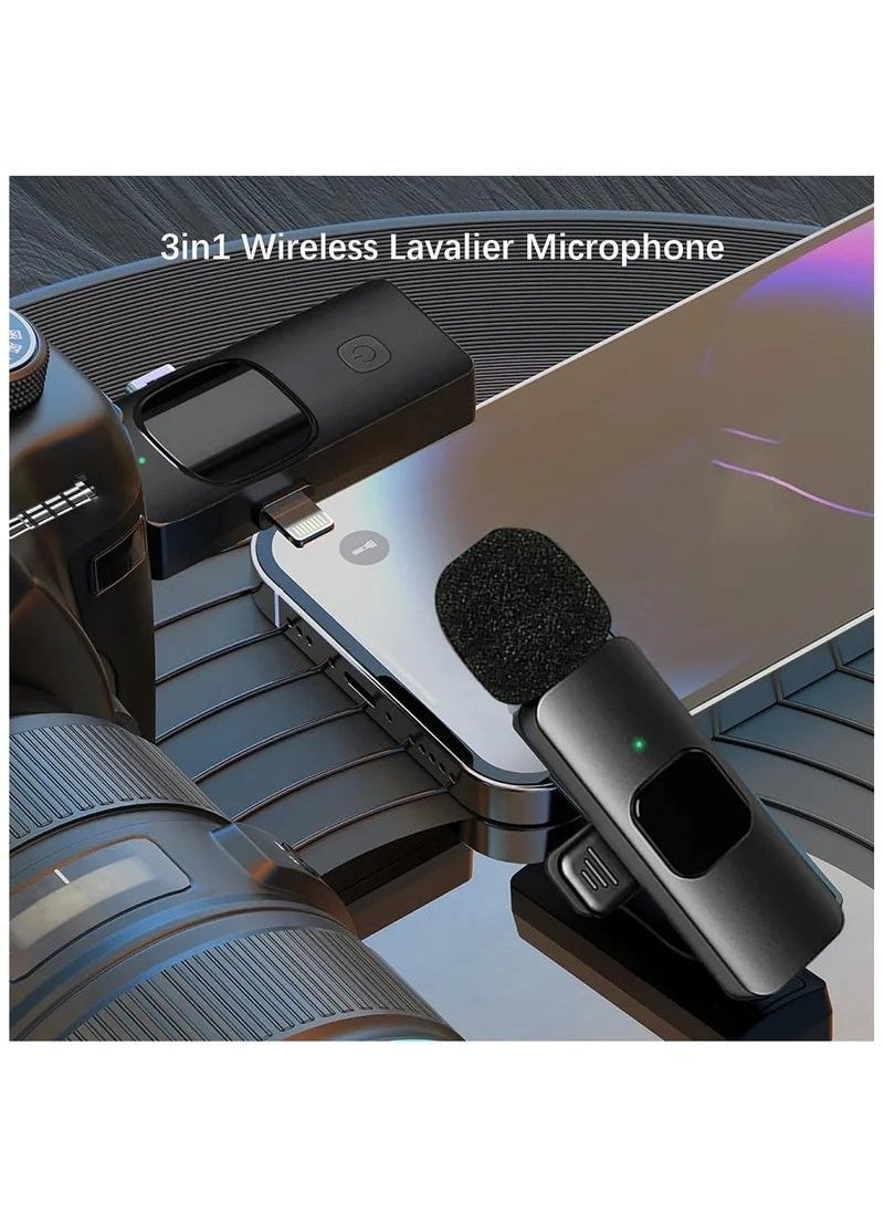 3-in-1 Wireless Lavalier Microphone for iPhone, iPad, iPhone 15 USB-C, Android, Computer, Camera – Dual Mini Clip-On Mics with Plug & Play, Intelligent Noise Reduction, Auto Sync, for Vlog, YouTube, TikTok, Live Streaming