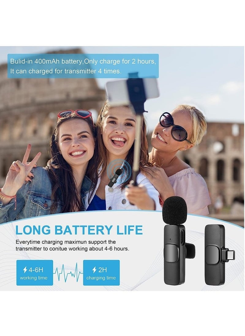 Wireless Lavalier Microphone for USB-C Android Phone – 2 Pack Plug & Play Mics with Noise Reduction, Auto Sync, Mute Function, 2.4GHz Transmission for Video Recording, Interviews, Live Streaming, Vlogs – Rechargeable & Type-C Charging Support