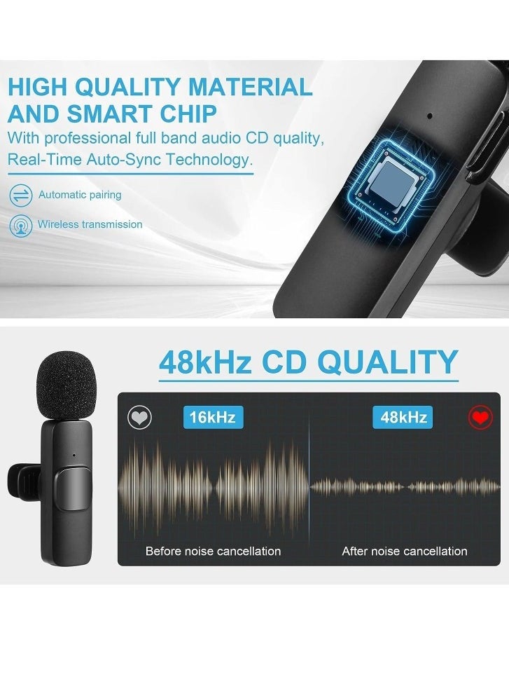 Wireless Lavalier Microphone for Type-C Android & iPhone – 2 Pack Plug & Play Mics with Lightning Adapter, Charging Support, Noise Reduction, Auto Sync, Mute Function – Dual Wireless Mic Set for Video, Interview, Vlog