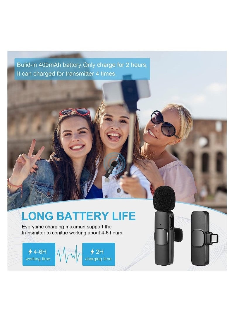 Wireless Lavalier Microphone for Type-C Android & iPhone – 2 Pack Plug & Play Mics with Lightning Adapter, Charging Support, Noise Reduction, Auto Sync, Mute Function – Dual Wireless Mic Set for Video, Interview, Vlog
