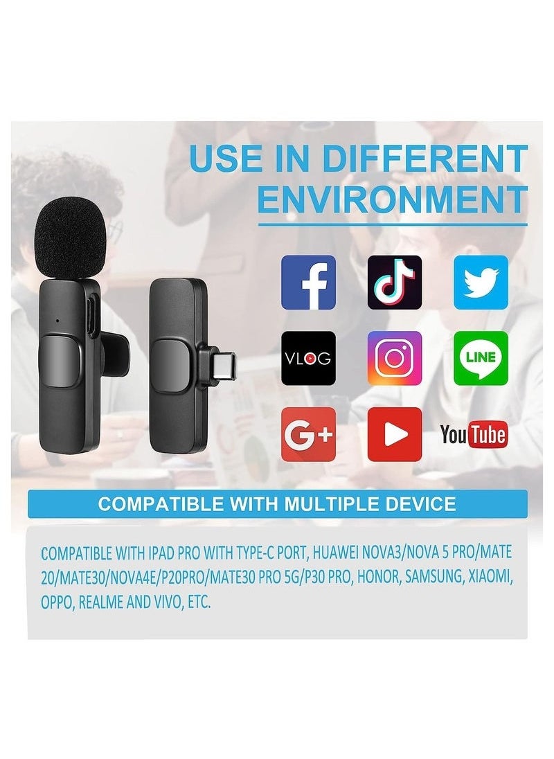 Wireless Lavalier Microphone for Type-C Android & iPhone – 2 Pack Plug & Play Mics with Lightning Adapter, Charging Support, Noise Reduction, Auto Sync, Mute Function – Dual Wireless Mic Set for Video, Interview, Vlog