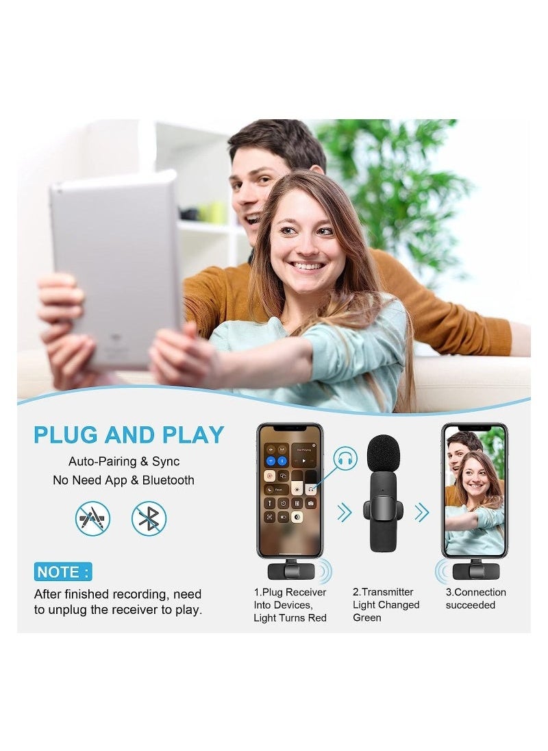 Wireless Lavalier Microphone for Type-C Android & iPhone – 2 Pack Plug & Play Mics with Lightning Adapter, Charging Support, Noise Reduction, Auto Sync, Mute Function – Dual Wireless Mic Set for Video, Interview, Vlog