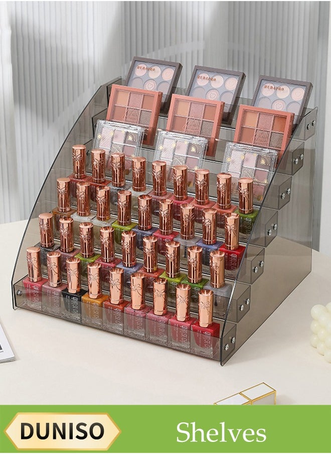 7-Layer Transparent Black Nail Polish Display Holder， Nail Polish Rack, Multi-Layer Trapezoidal Cosmetics Lipstick Organizer, Desktop Display Stand, Suitable For Eyeshadow Palette, Powder Pad, Lipstick And Perfume Organization, Professional Nail Salon Makeup Table