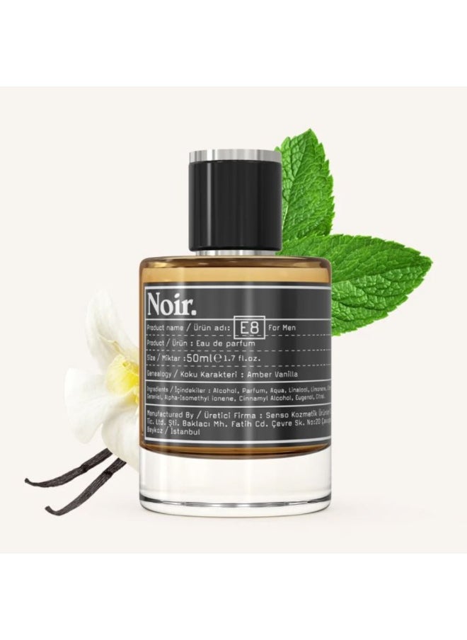 NOIR E8 Men's Perfume – Eau De Parfum 50ML | Amber, Vanilla, Neroli & Rose Notes | Inspired by Love, Don’t Be Shy | Long Lasting Luxury Fragrance | Made in Turkey