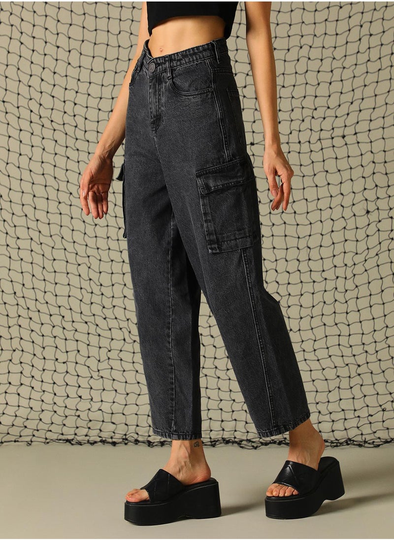Women's Black 100% Cotton Distressed Full Length Cargo Tapered Fit Jeans