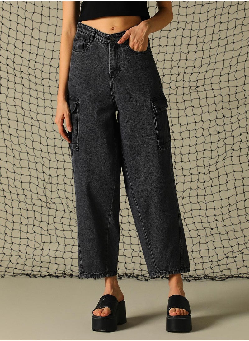 Women's Black 100% Cotton Distressed Full Length Cargo Tapered Fit Jeans