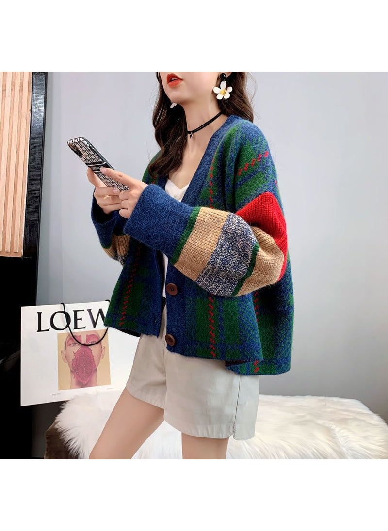 Retro Color Block V-neck Sweater Coat Women Autumn Winter Loose Lazy Style Knitted Open Cardigan Green