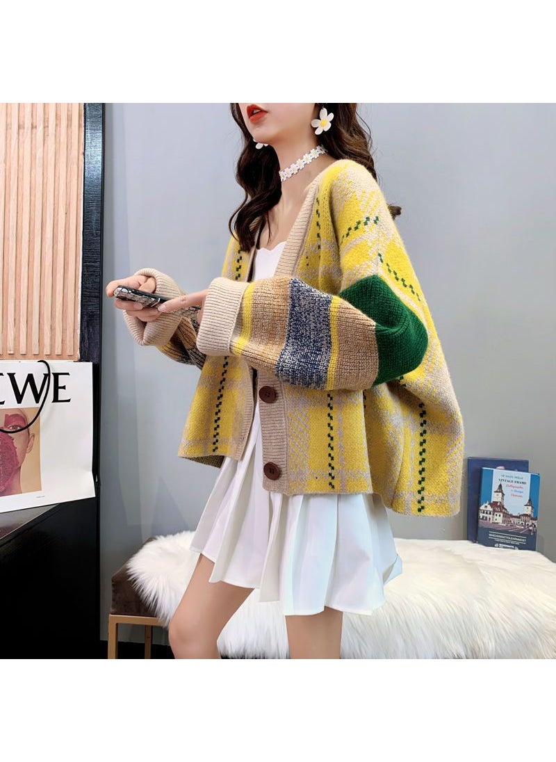 Retro Color Block V-neck Sweater Coat Women Autumn Winter Loose Lazy Style Knitted Open Cardigan Green