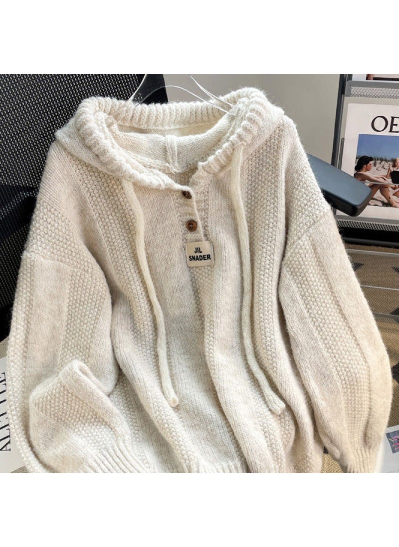 Loose Hooded Knit Sweater Women Autumn Winter 2023 Grey