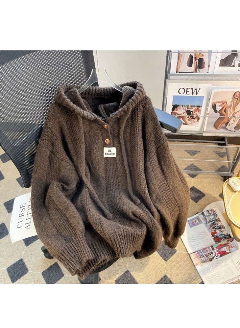 Loose Hooded Knit Sweater Women Autumn Winter 2023 Grey