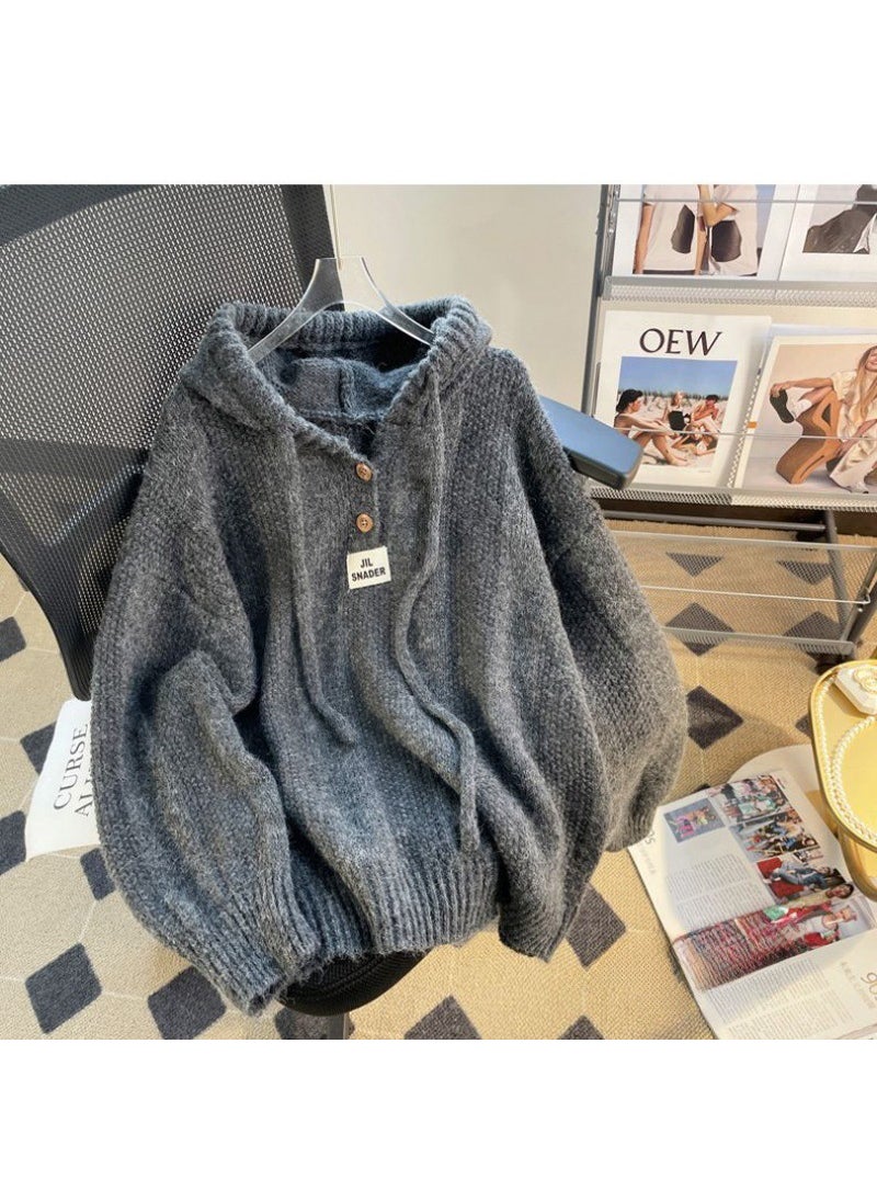 Loose Hooded Knit Sweater Women Autumn Winter 2023 Grey