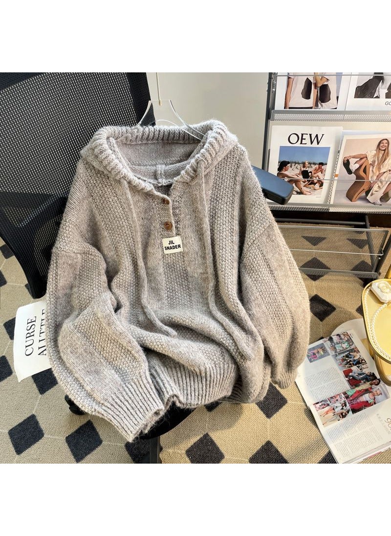 Loose Hooded Knit Sweater Women Autumn Winter 2023 Grey