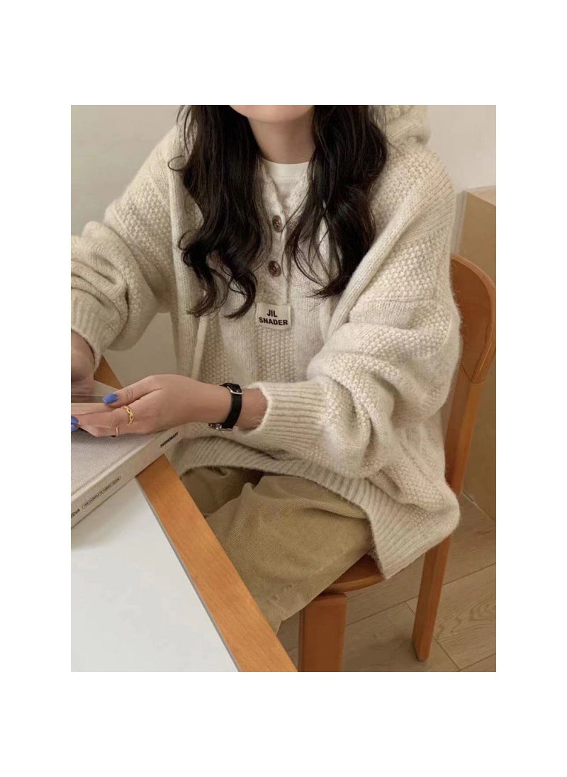 Loose Hooded Knit Sweater Women Autumn Winter 2023 Grey