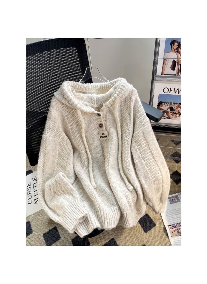 Loose Hooded Knit Sweater Women Autumn Winter 2023 Grey