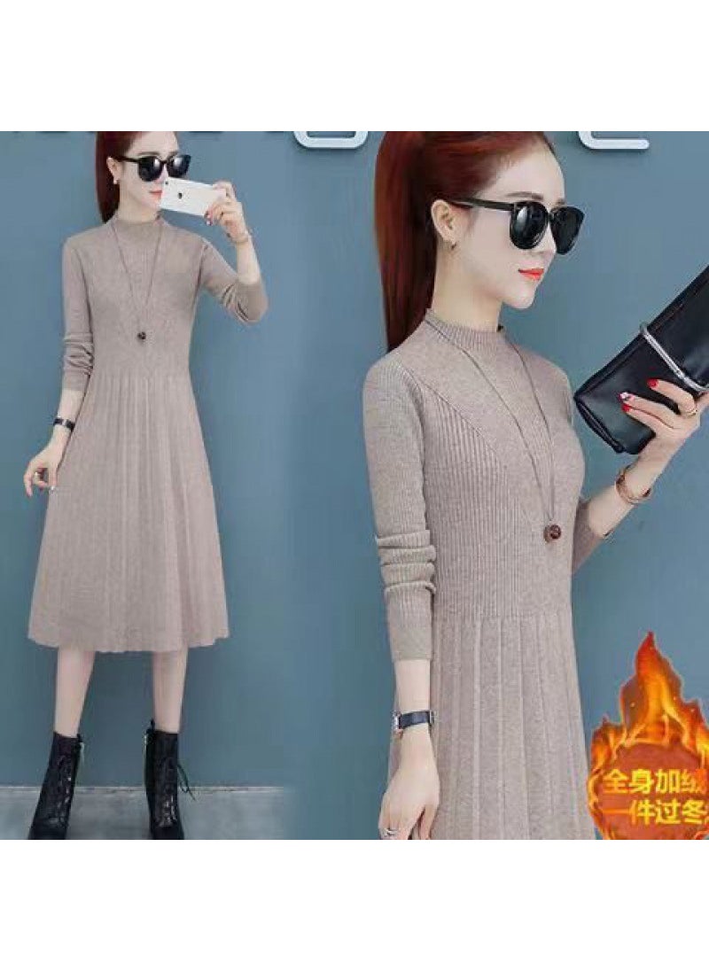 2023 Knitted Turtleneck Sweater Dress Slim Fit khaki [fleece-lined thickening]]