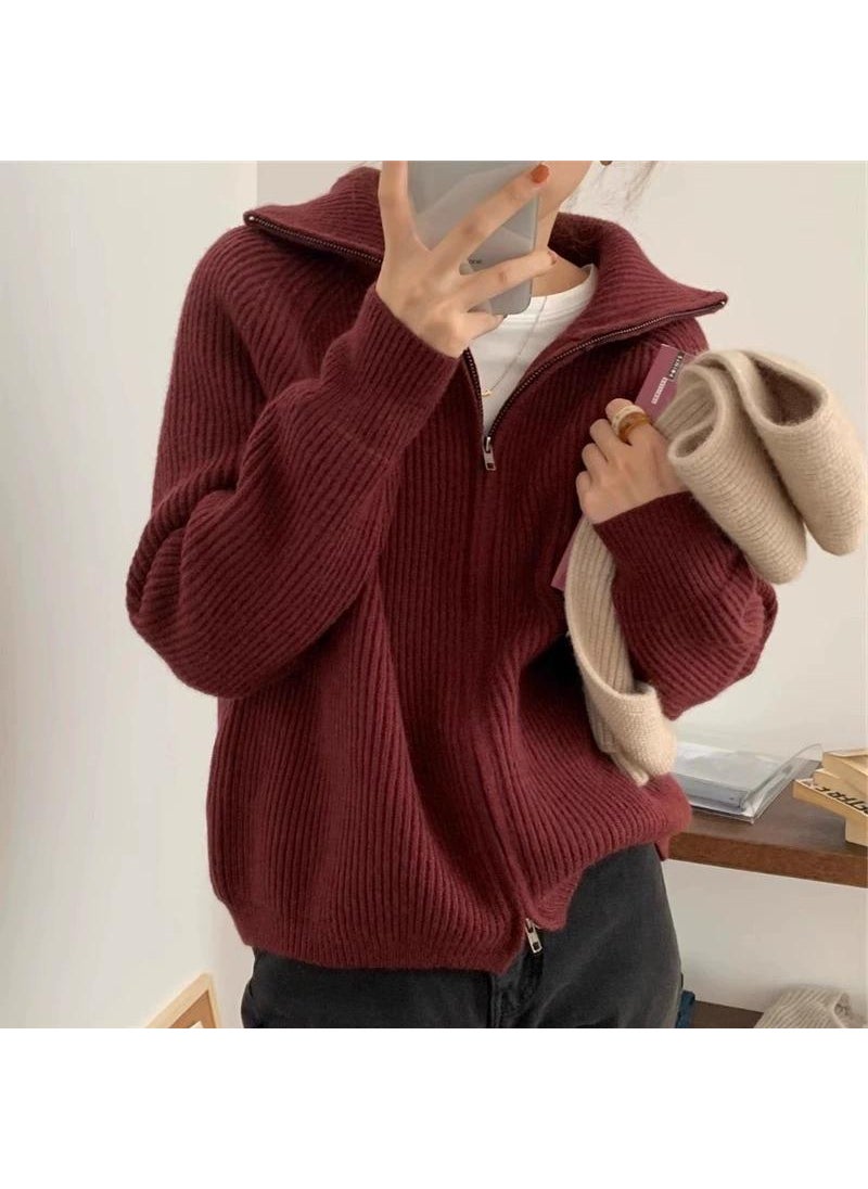 Petite Collared Zip Cardigan Sweater Jacket Purplish red
