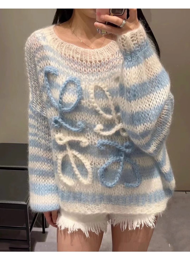 Spring Autumn Hand Crocheted Sleeveless Letter Knitted Sweater Shawl Top Loose Lazy Style Womens Fashion Outerwear Coat light blue long sleeve]