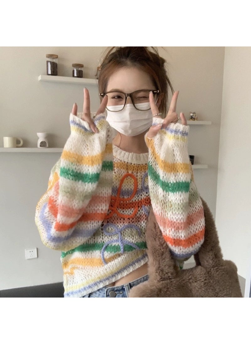 Spring Autumn Hand Crocheted Sleeveless Letter Knitted Sweater Shawl Top Loose Lazy Style Womens Fashion Outerwear Coat Color [long sleeve]]