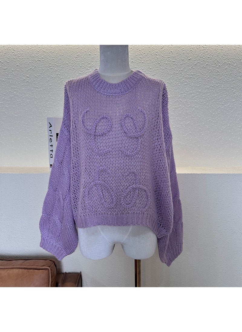 Spring Autumn Hand Crocheted Sleeveless Letter Knitted Sweater Shawl Top Loose Lazy Style Womens Fashion Outerwear Coat Violet [Long Sleeve]]