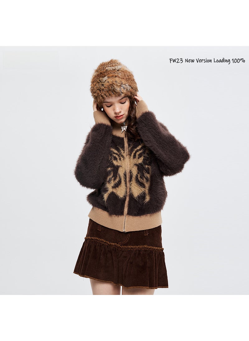 HeyHenry Merino Wool Collar Zip Cardigan Butterfly Embroidery Brown