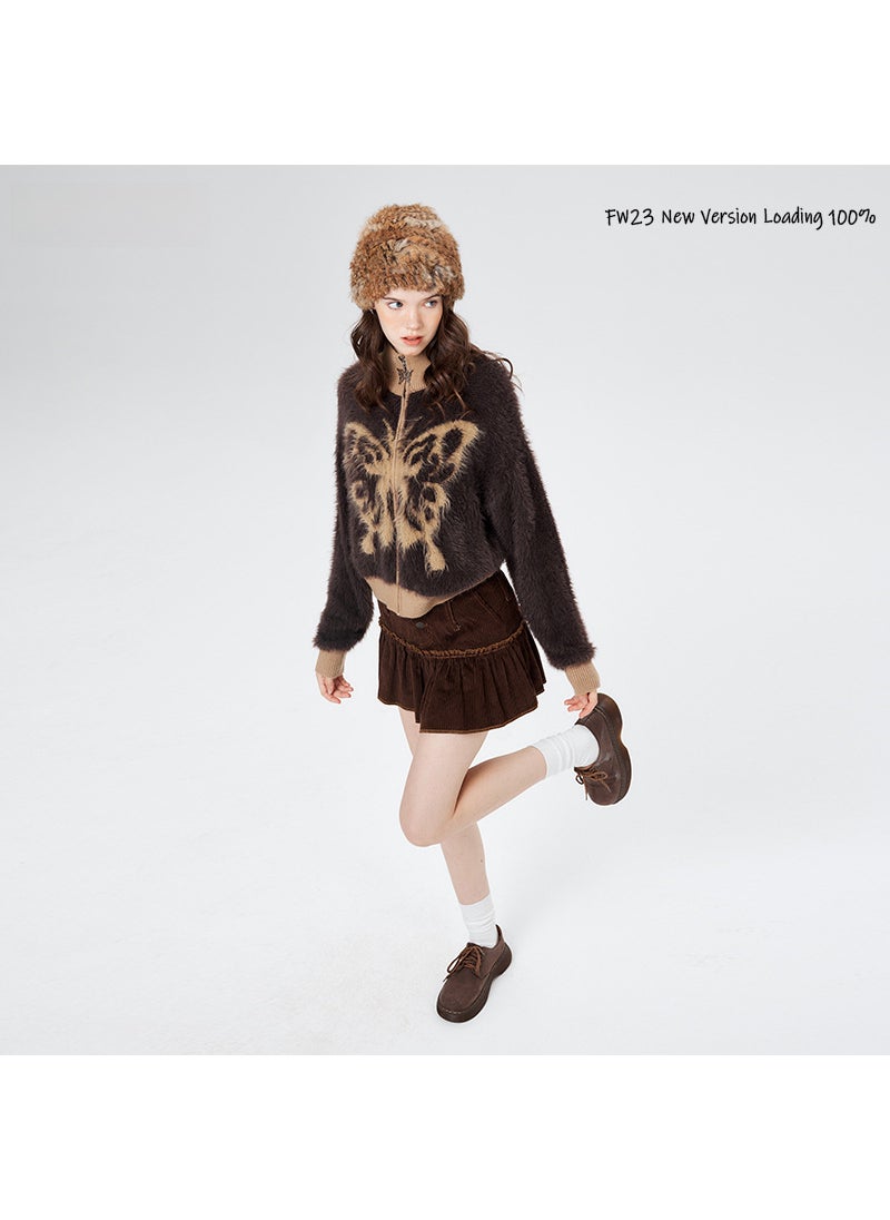 HeyHenry Merino Wool Collar Zip Cardigan Butterfly Embroidery Brown
