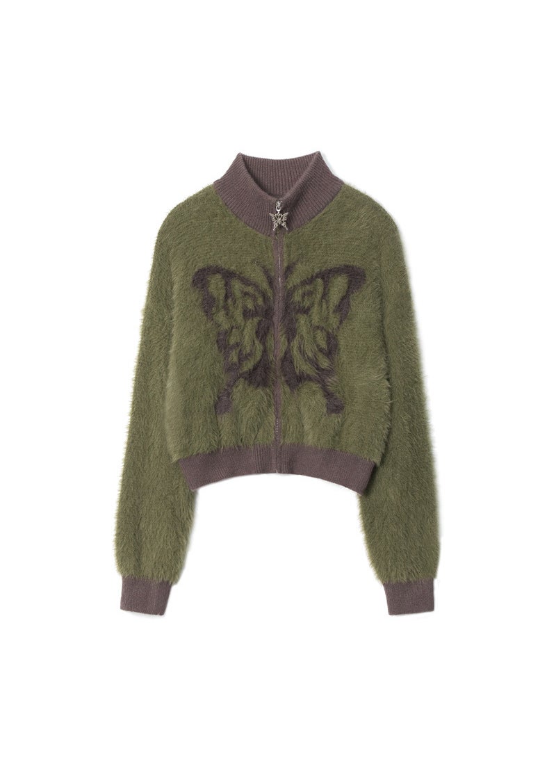 HeyHenry Merino Wool Collar Zip Cardigan Butterfly Embroidery Brown
