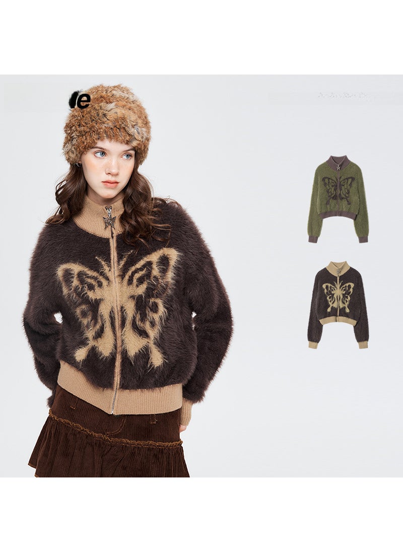 HeyHenry Merino Wool Collar Zip Cardigan Butterfly Embroidery Brown