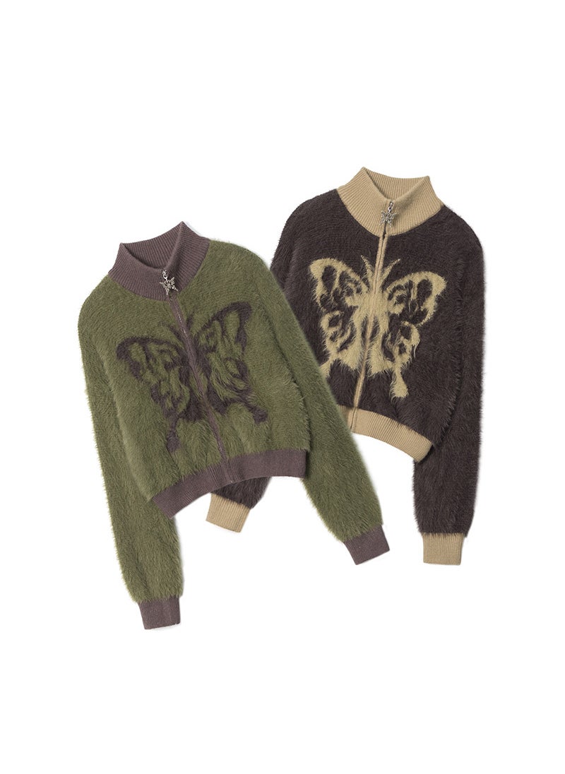 HeyHenry Merino Wool Collar Zip Cardigan Butterfly Embroidery Brown