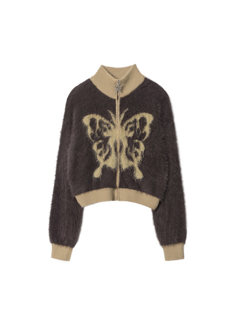 HeyHenry Merino Wool Collar Zip Cardigan Butterfly Embroidery Brown