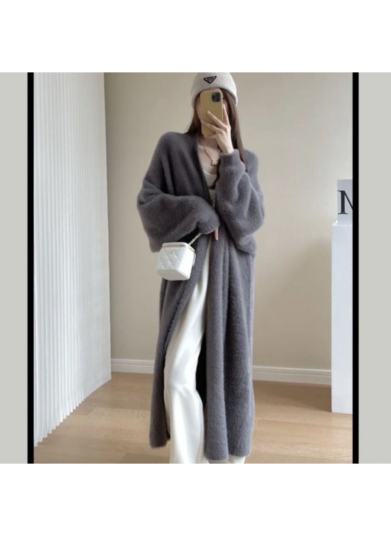 Ladies Loose Knitted Long Over-Knee Faux Mink Sweater Coat Vintage Autumn Winter V-Neck Sleeveless Urban Style Commute Fashion Pink-medium length