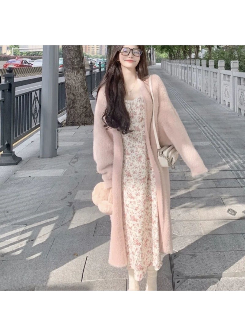 Ladies Loose Knitted Long Over-Knee Faux Mink Sweater Coat Vintage Autumn Winter V-Neck Sleeveless Urban Style Commute Fashion Pink-medium length