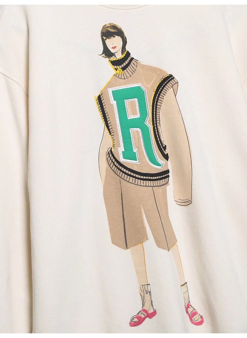 Womens Spring Casual Fashion Cartoon Printed Round Neck Loose Fit Sweatshirt Brushed Style European and American Style Hoodies 2571 green letter sweater
