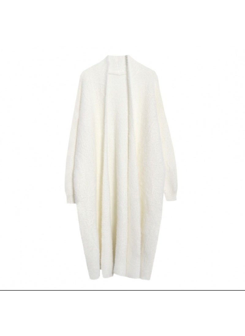 Ladies Loose Knitted Long Over-Knee Faux Mink Sweater Coat Vintage Autumn Winter V-Neck Sleeveless Urban Style Commute Fashion White-medium length