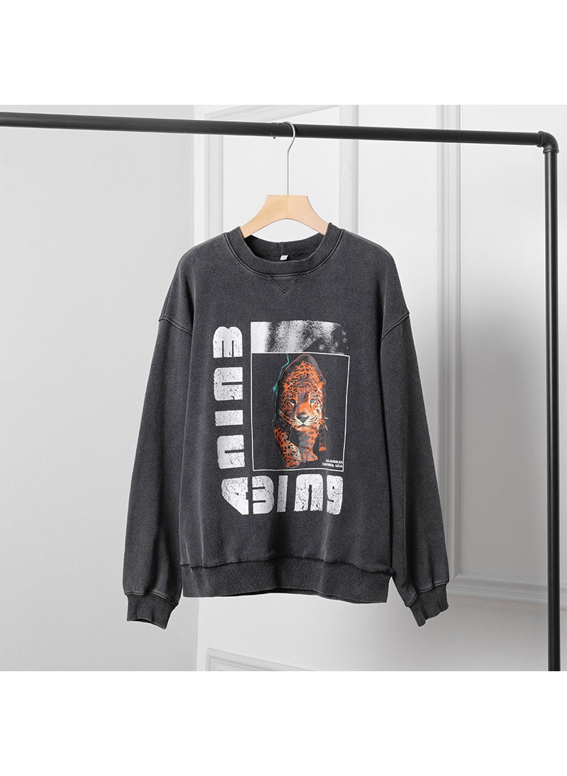 Quick Selling Classic Autumn/Winter Round Neck Sweatshirt Fashionable Street Sports Washing Leopard Pattern Sweatshirt Black