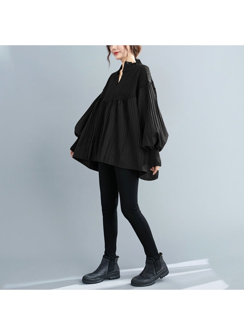 2024 Autumn Fashionable Unique Knit Splicing Top Loose Fit Casual Cover Up Plus Size Womens Clothing Underwear Black