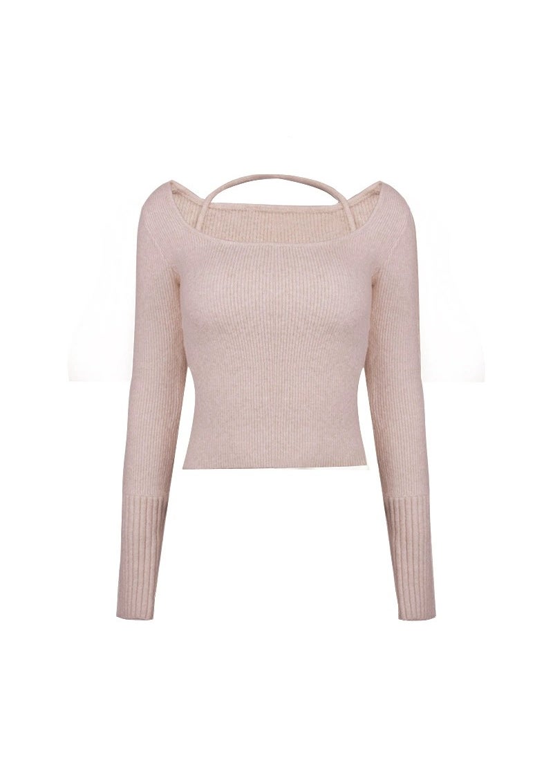 Knitted Sweater Halter Neck Top Womens Autumn/Winter Gentle Styleslims Smooths Your Silhouette Sweet Base Layer Top Pink