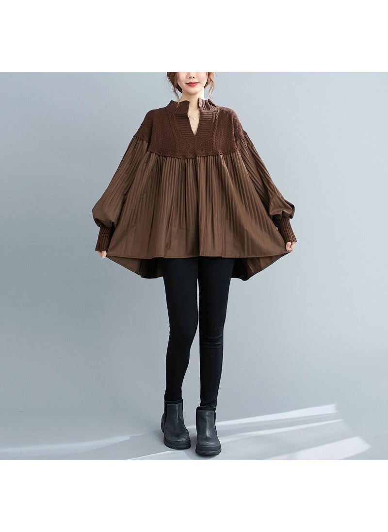 2024 Autumn Fashionable Unique Knit Splicing Top Loose Fit Casual Cover Up Plus Size Womens Clothing Underwear Coffee