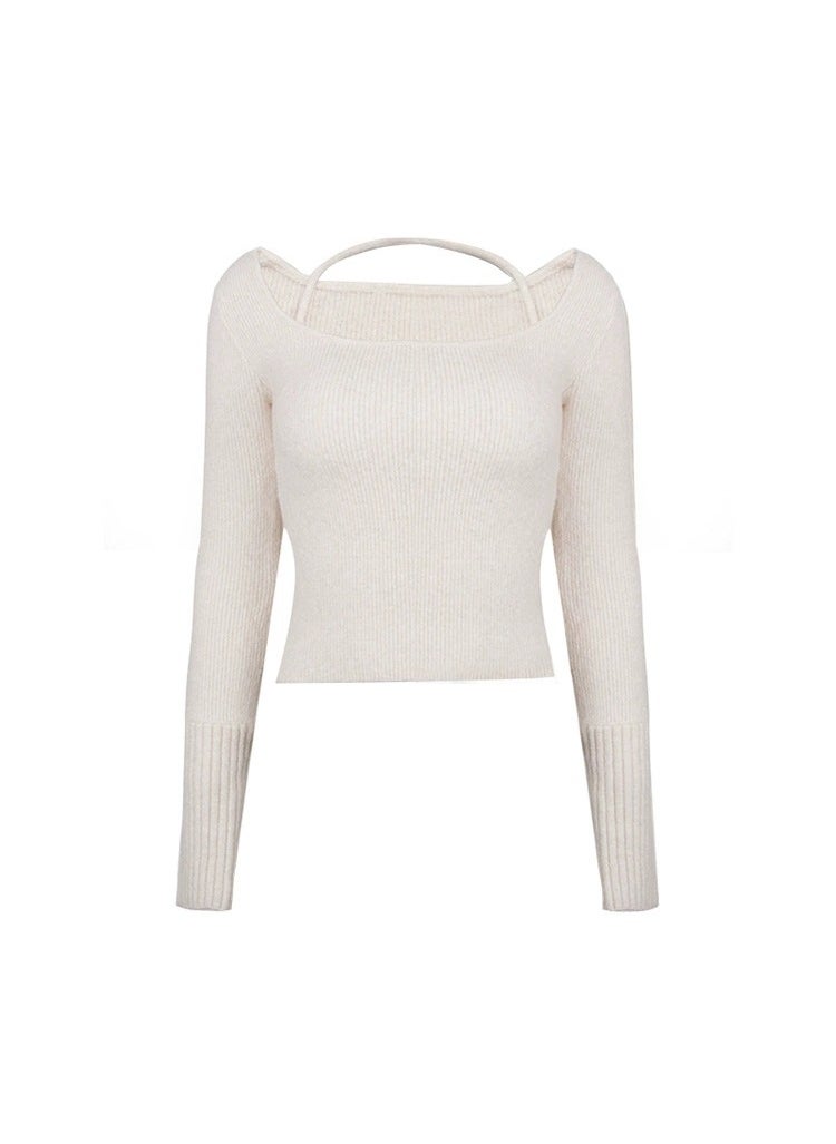Knitted Sweater Halter Neck Top Womens Autumn/Winter Gentle Styleslims Smooths Your Silhouette Sweet Base Layer Top Creamy-white