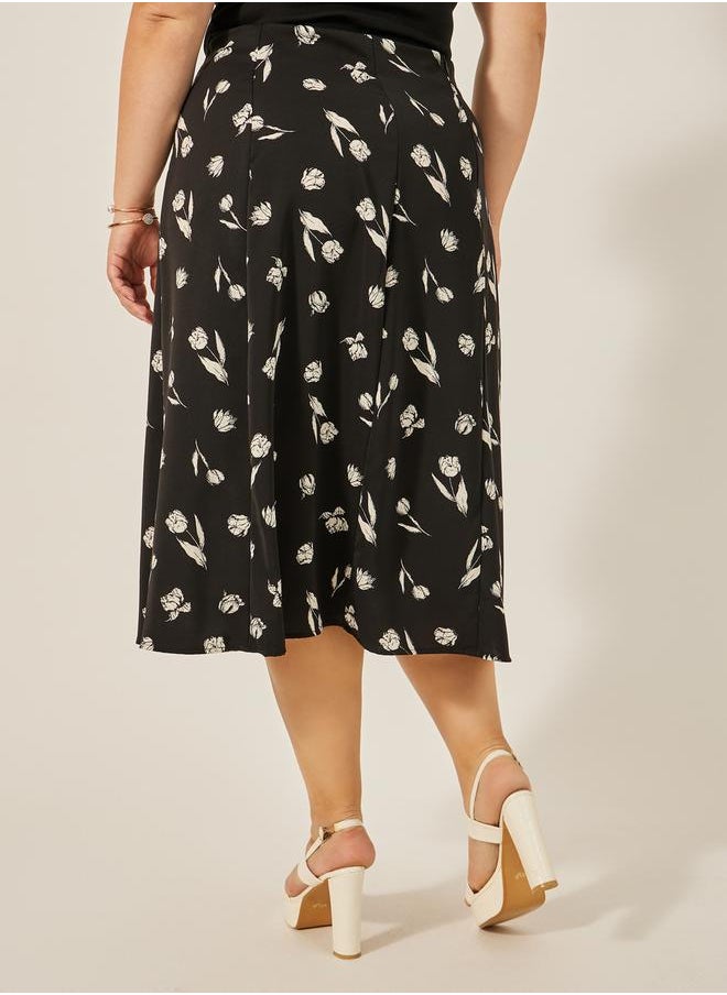 Plus Size Floral Print A-Line Midi Skirt