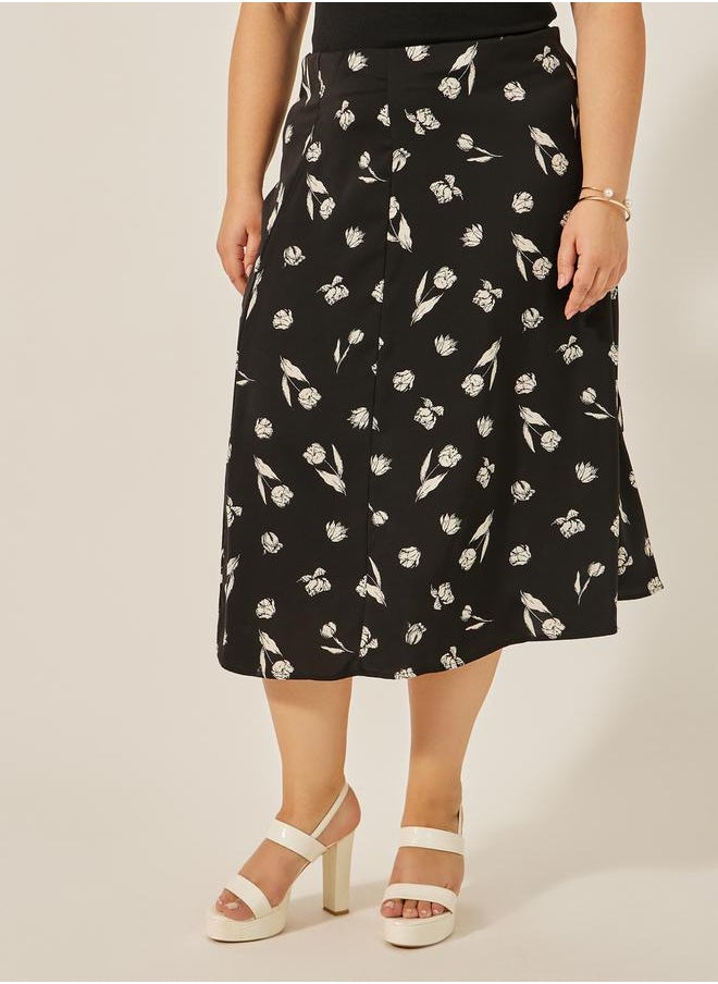 Plus Size Floral Print A-Line Midi Skirt