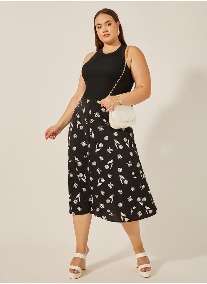 Plus Size Floral Print A-Line Midi Skirt