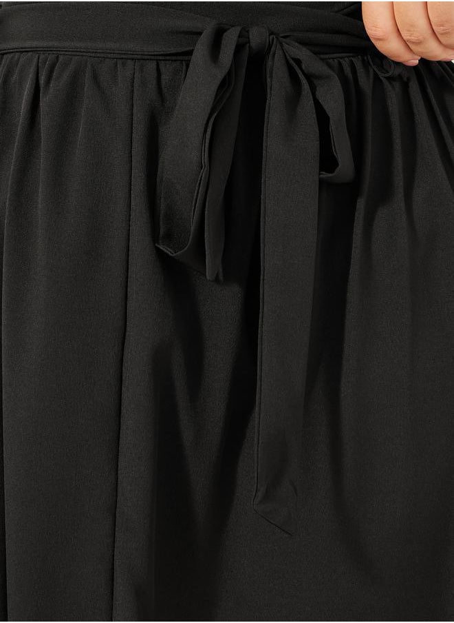 Plus Size Gathered Detail Midi Skirt with Tie-Up Belt Detail