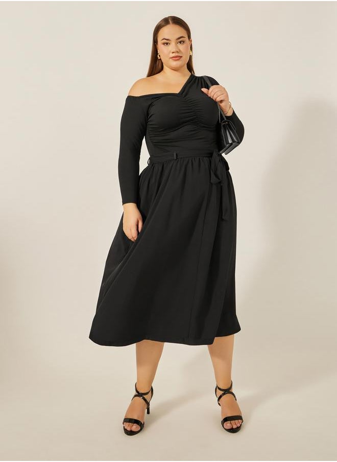 Plus Size Gathered Detail Midi Skirt with Tie-Up Belt Detail