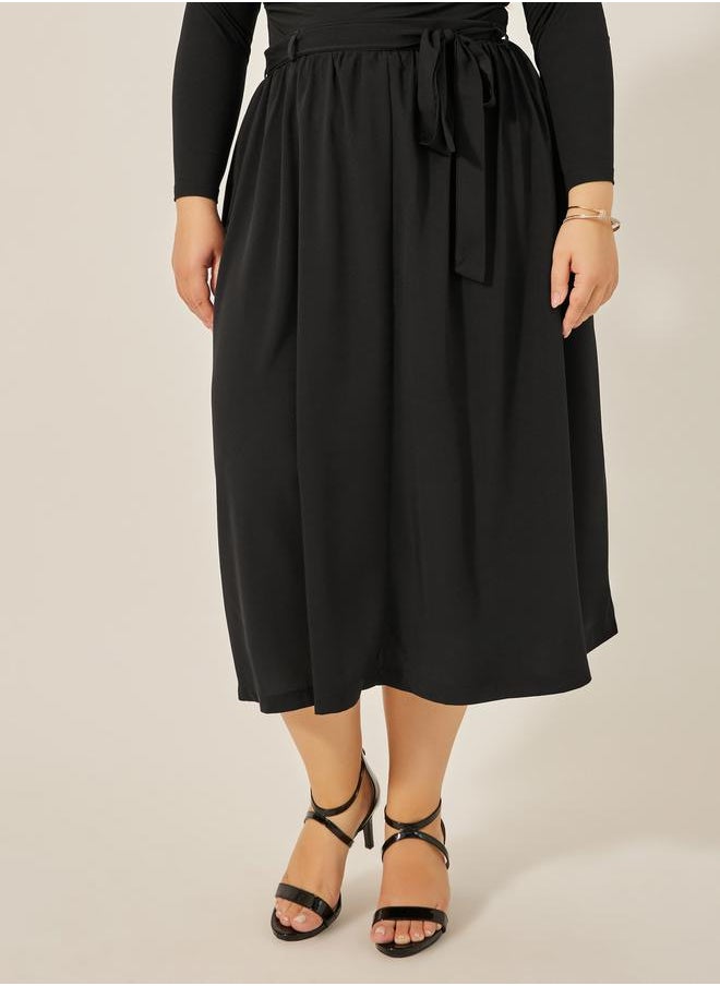 Plus Size Gathered Detail Midi Skirt with Tie-Up Belt Detail