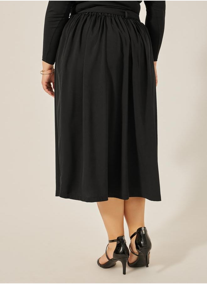 Plus Size Gathered Detail Midi Skirt with Tie-Up Belt Detail