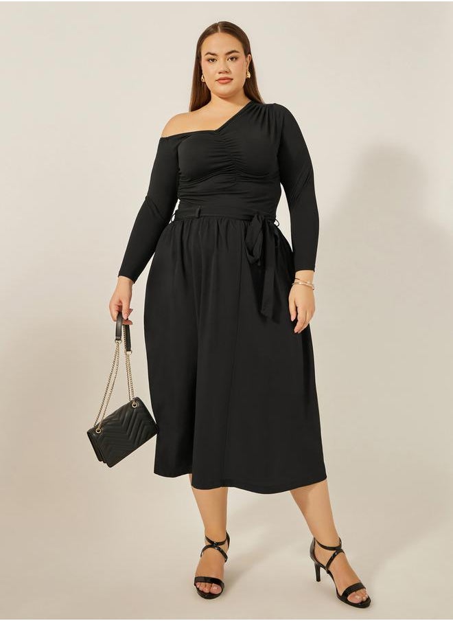 Plus Size Gathered Detail Midi Skirt with Tie-Up Belt Detail