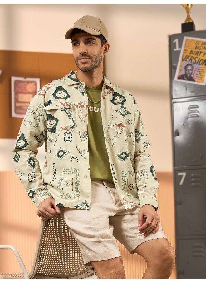 Beige and Green Printed Shirt for Men