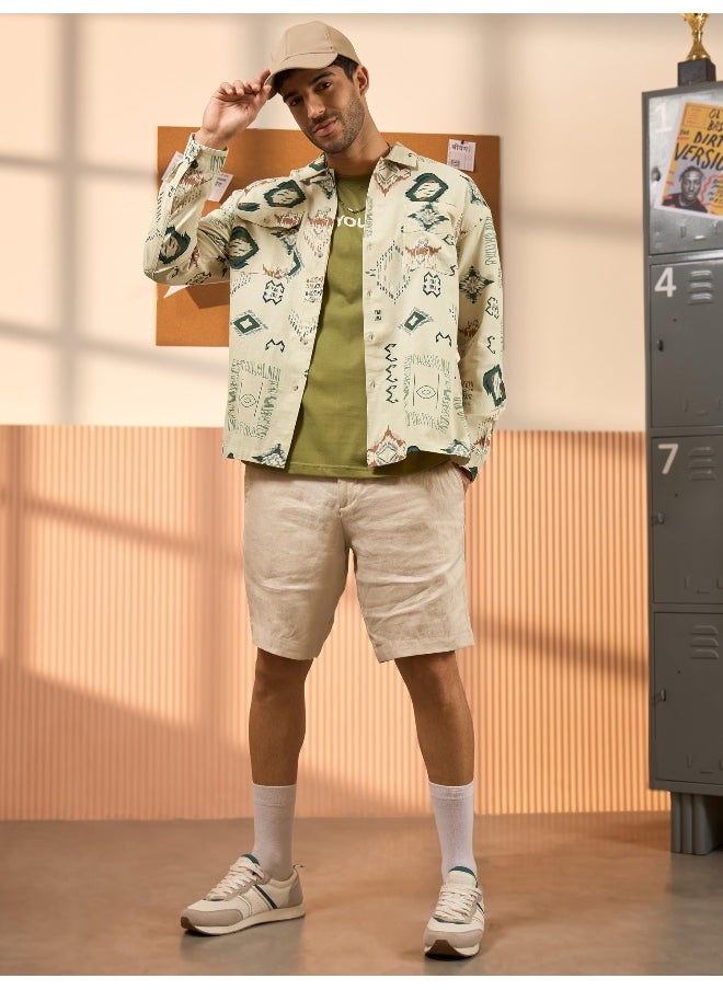 Beige and Green Printed Shirt for Men