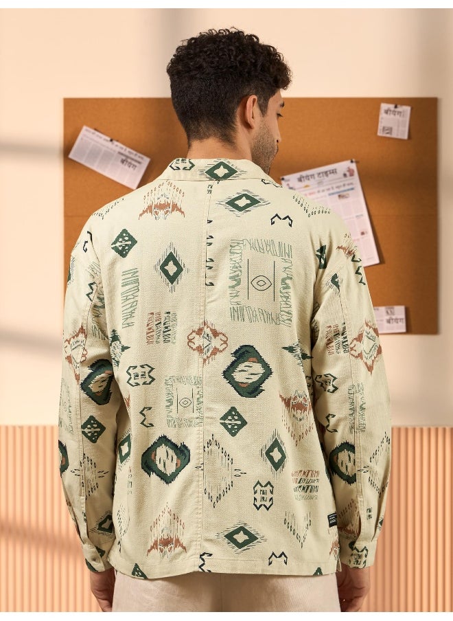 Beige and Green Printed Shirt for Men